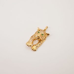 Pingente Onça Diamantada Com Olhos Verdes Em Zircônia Ouro 18k